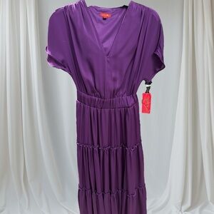 Purple silk Maxi Dress with V-Neck and Dolman Sleeves